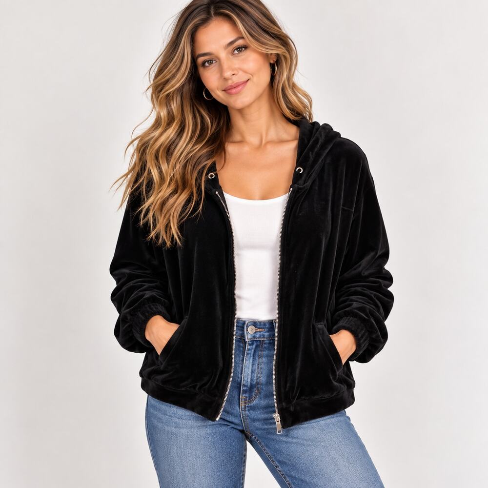 Ellos Hooded Velvet Full-Zip Jacket Women's Size 1X Black Minimalist Casual Goth